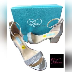 Betsey Johnson "Blue" Silver Glitter 2.5" Mari Heel Ankle Strap Shoes Sz 9.5